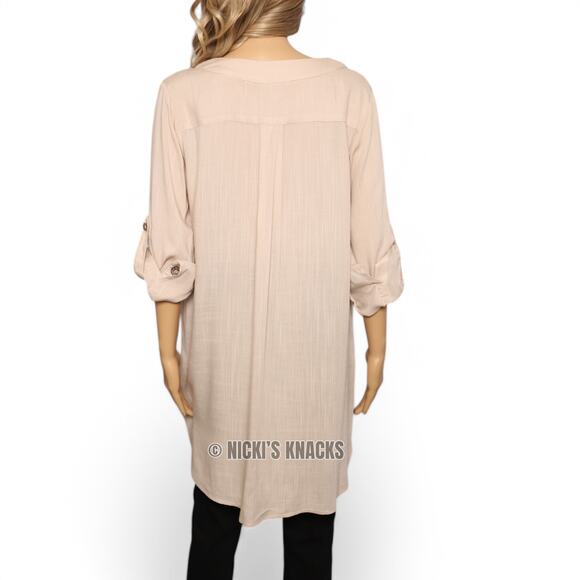 Blu Heaven Tan V-Neck Tunic Top Roll Cuff Sleeves Lightweight Neutral Size M - Picture 6 of 9